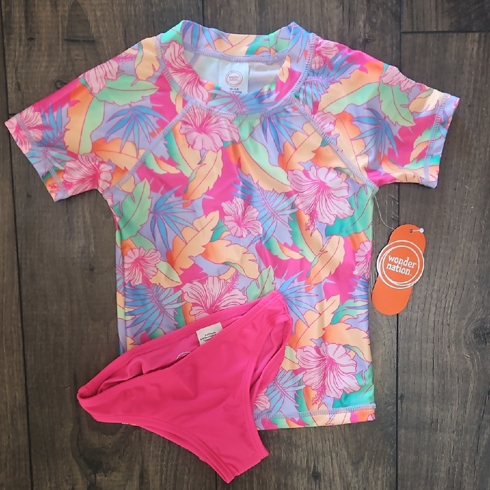 Wonder Nation Kids Floral Rashguard Set - Pink and Multicolor